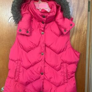 Roper Women’s Large  Hooded Pink Puffer Vest with Faux Fur Trim
